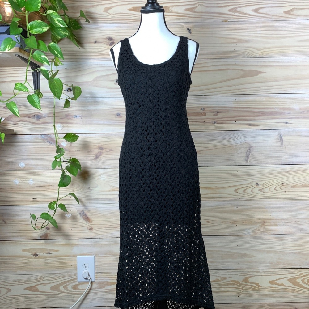 Whimsigoth Crochet Maxi Dress Womens Medium Black High Low Witchy Dark Fairy